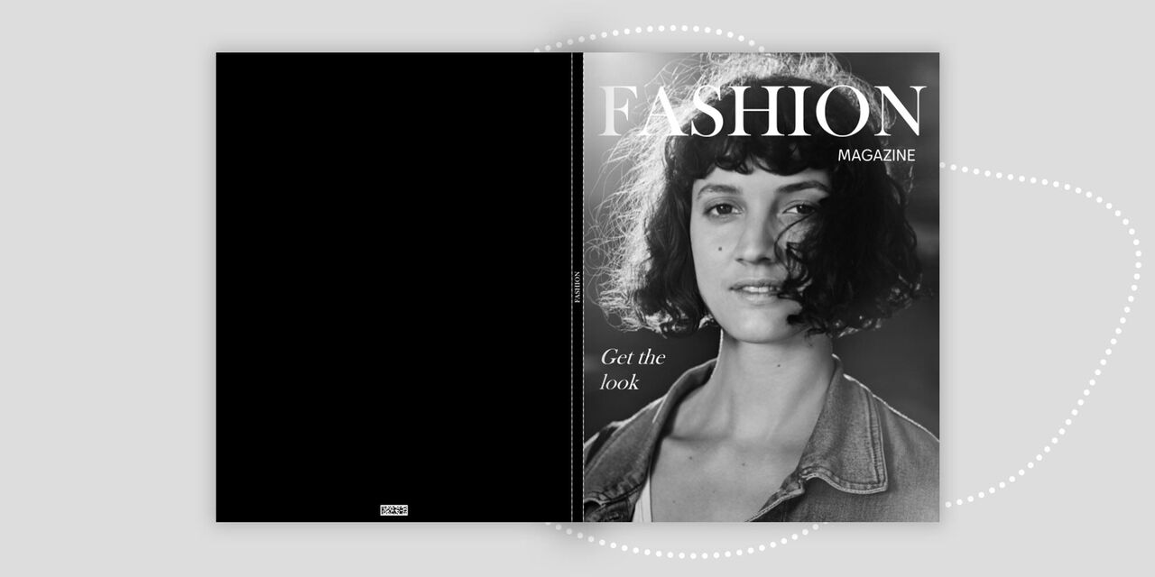 Divatmagazint idéző fotókönyv, amelynek címlapján egy nő fekete-fehér portréja és a „FASHION” cím látható. A hátlap egyszínű fekete.