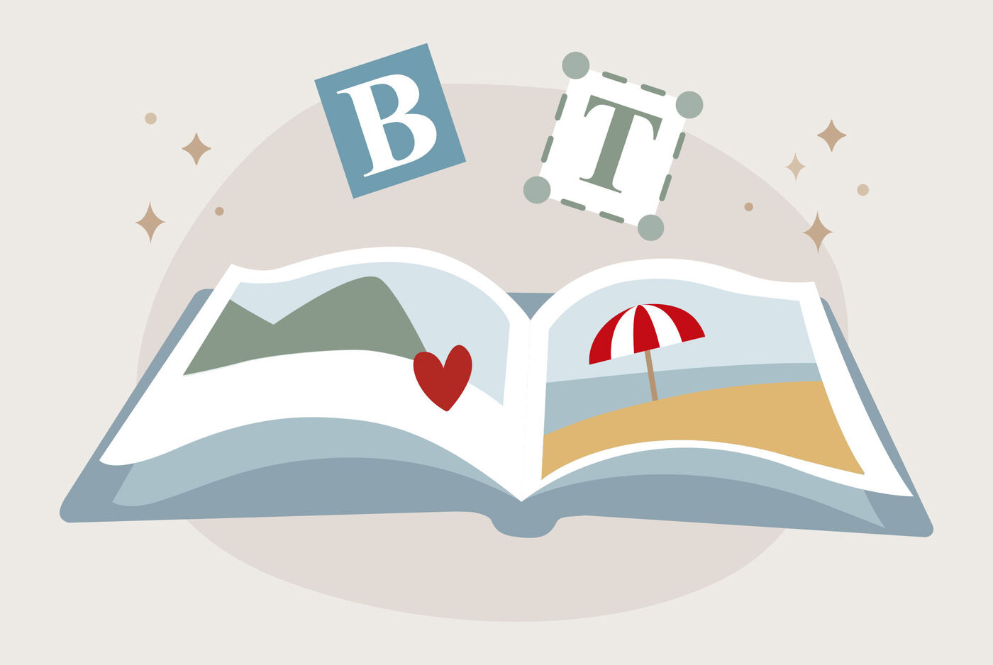 Clipart stílusú grafika egy nyitott fotókönyvről, benne nyaralási fotókkal. A könyv fölött a „b” és a „t” betű látható.